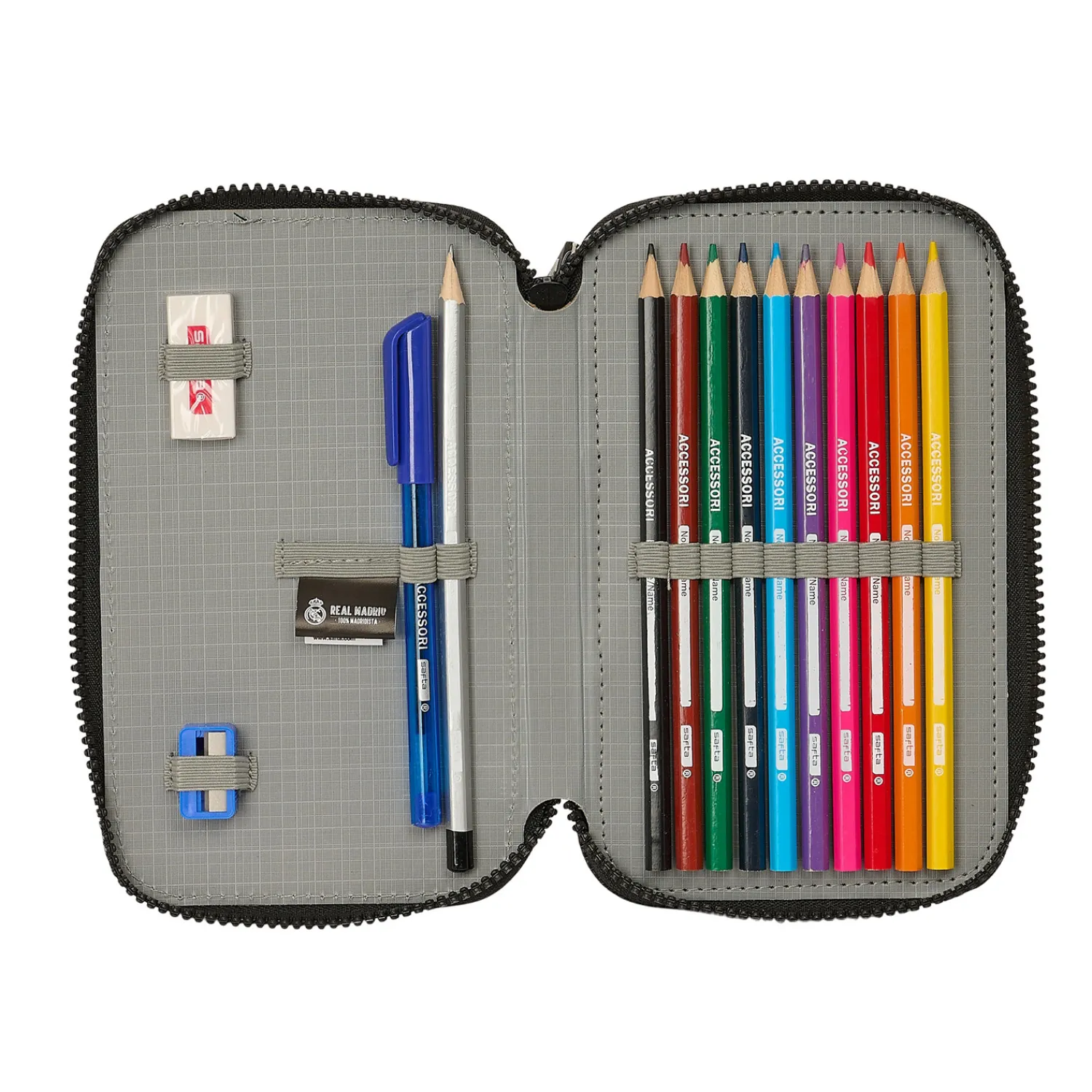 SAFTA S.A. Double Filled Pencil Case White/Black Real Madrid^ Back To School|Stationery